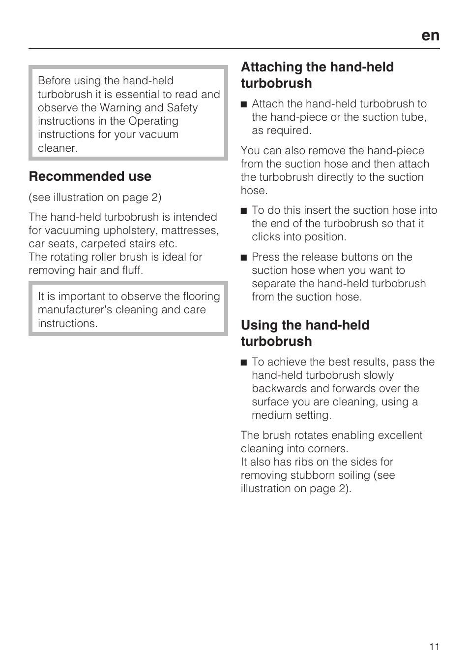 Recommended use, Attaching the hand-held turbobrush, Using the hand-held turbobrush | Miele S8 Haus & Co User Manual | Page 11 / 68