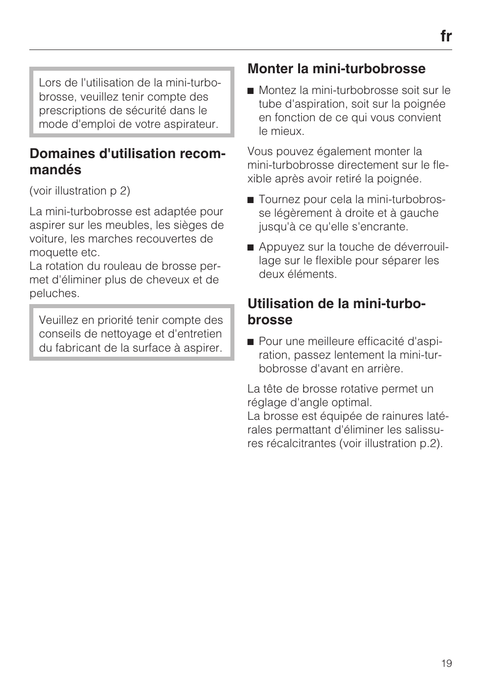 Domaines d'utilisation recom- mandés, Monter la mini-turbobrosse, Utilisation de la mini-turbo- brosse | Miele S8 Haus & Co User Manual | Page 19 / 68