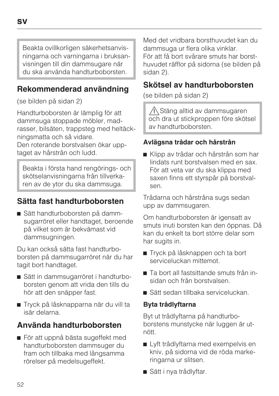 Rekommenderad användning, Sätta fast handturboborsten, Använda handturboborsten | Skötsel av handturboborsten | Miele S8 Haus & Co User Manual | Page 52 / 68