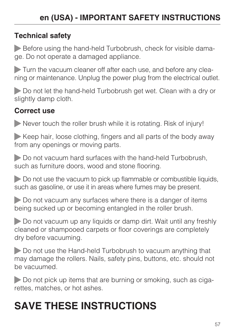 Save these instructions | Miele S8 Haus & Co User Manual | Page 57 / 68