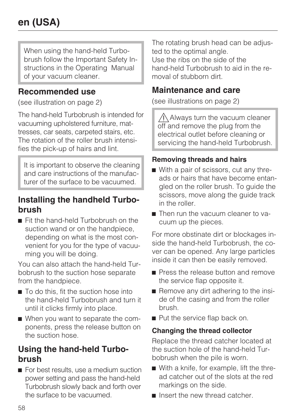 En (usa), Recommended use, Installing the handheld turbo- brush | Using the hand-held turbo- brush, Maintenance and care | Miele S8 Haus & Co User Manual | Page 58 / 68