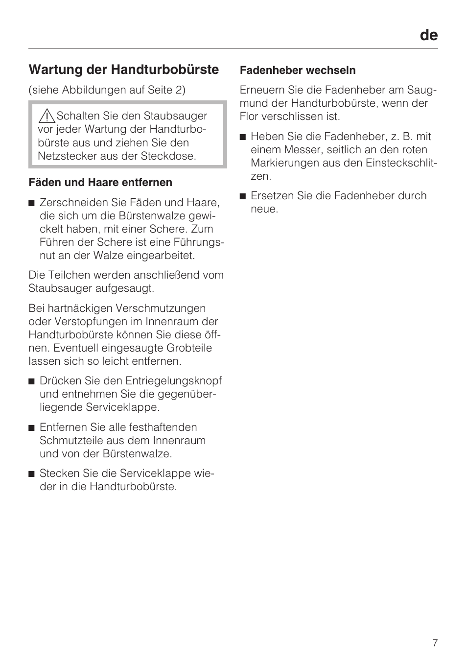 Wartung der handturbobürste | Miele S8 Haus & Co User Manual | Page 7 / 68