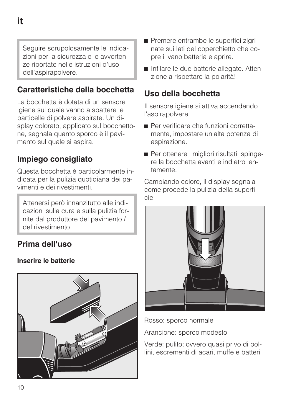 Caratteristiche della bocchetta, Impiego consigliato, Prima dell'uso | Uso della bocchetta | Miele S8 Medicair User Manual | Page 10 / 36