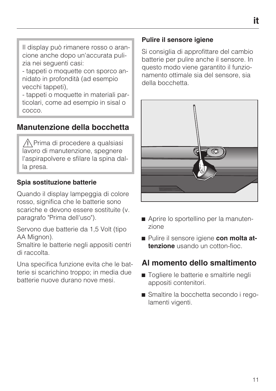 Manutenzione della bocchetta, Al momento dello smaltimento | Miele S8 Medicair User Manual | Page 11 / 36