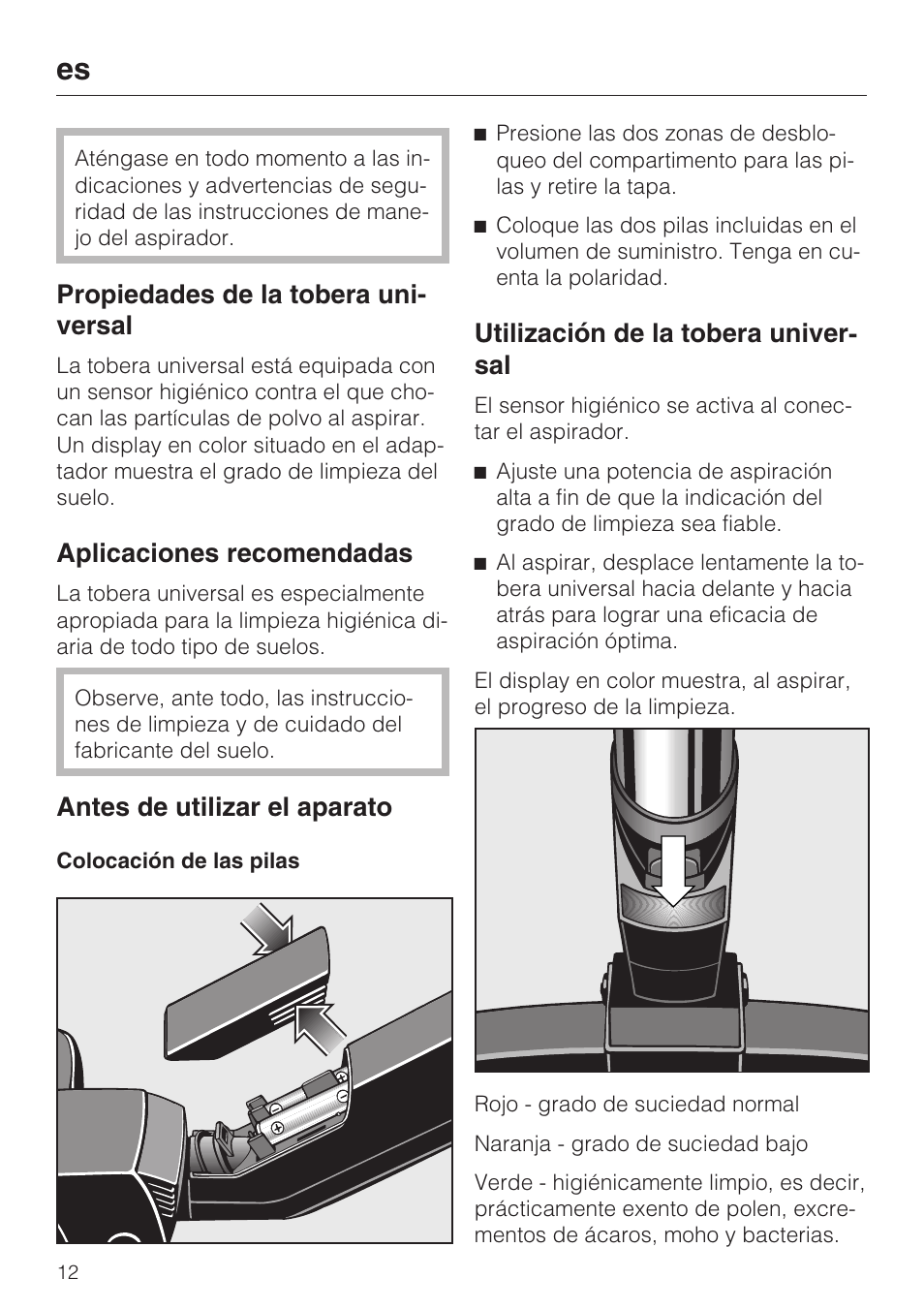 Propiedades de la tobera uni- versal, Aplicaciones recomendadas, Antes de utilizar el aparato | Utilización de la tobera univer- sal | Miele S8 Medicair User Manual | Page 12 / 36