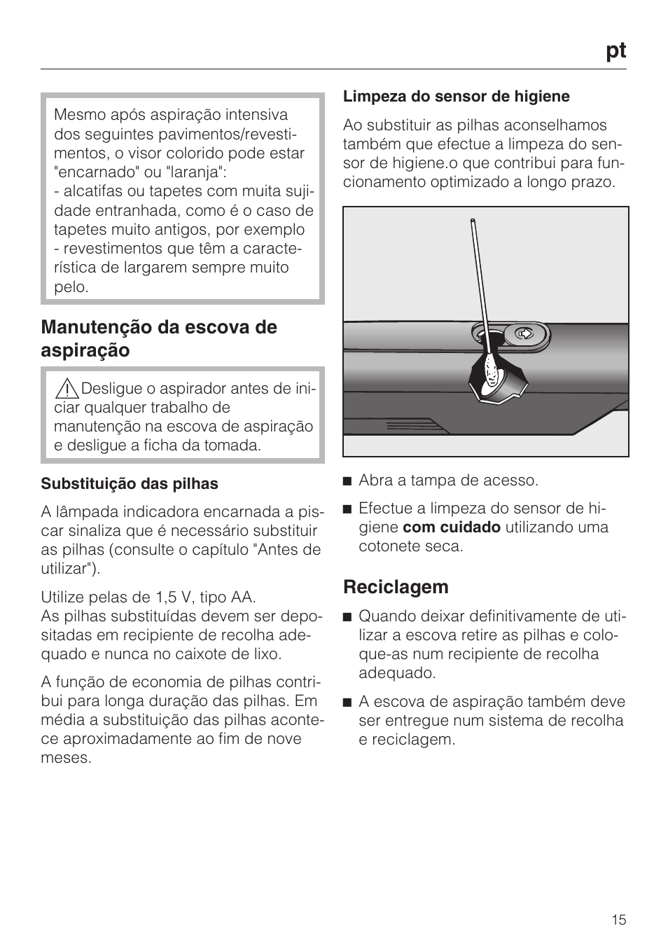 Manutenção da escova de aspiração, Reciclagem | Miele S8 Medicair User Manual | Page 15 / 36