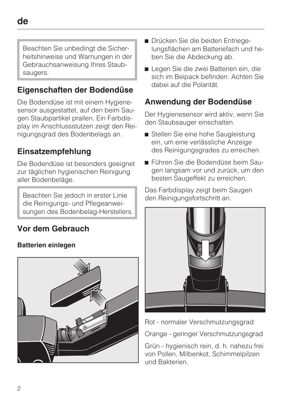 Eigenschaften der bodendüse, Einsatzempfehlung, Vor dem gebrauch | Anwendung der bodendüse | Miele S8 Medicair User Manual | Page 2 / 36