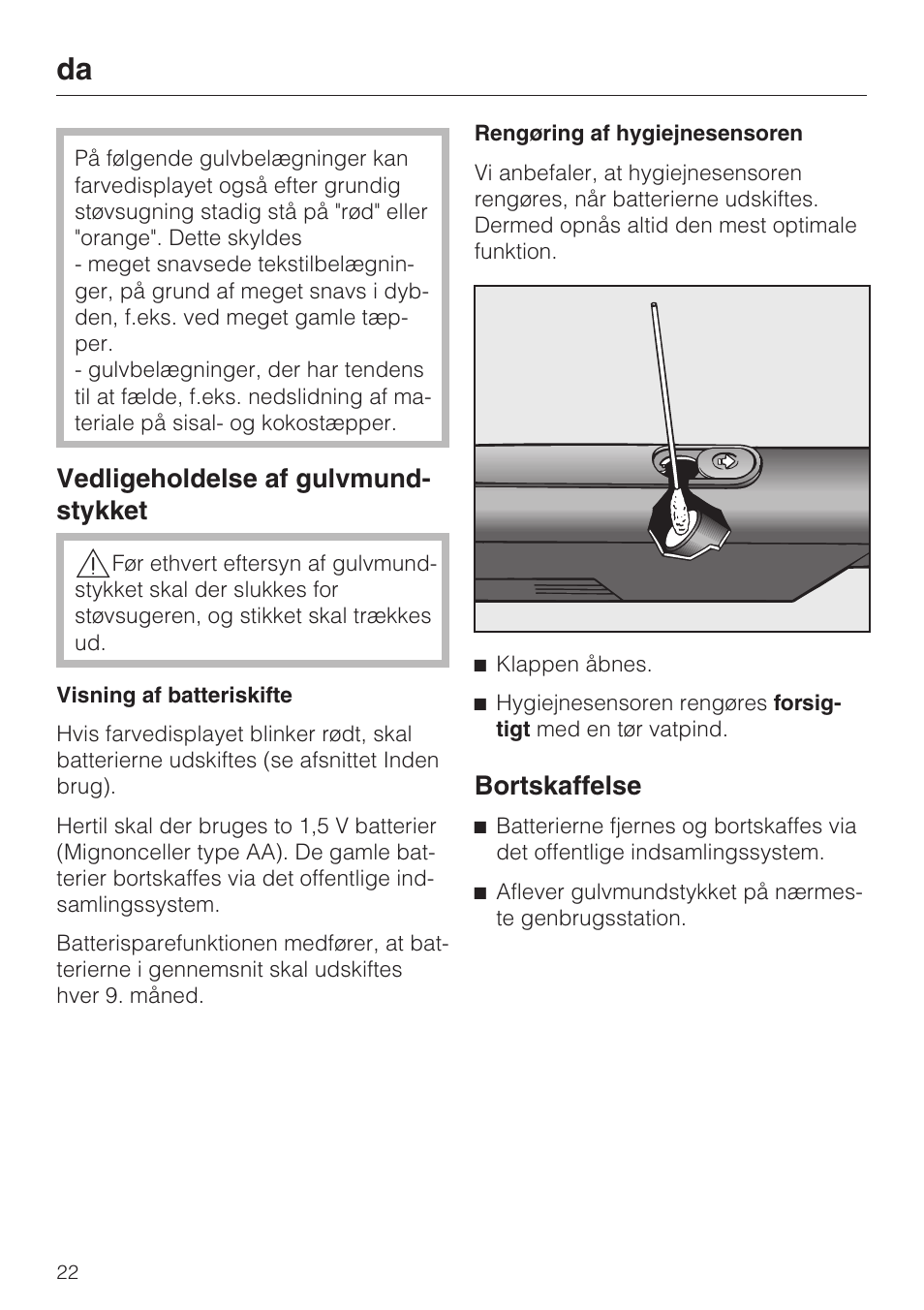 Vedligeholdelse af gulvmund- stykket, Bortskaffelse | Miele S8 Medicair User Manual | Page 22 / 36