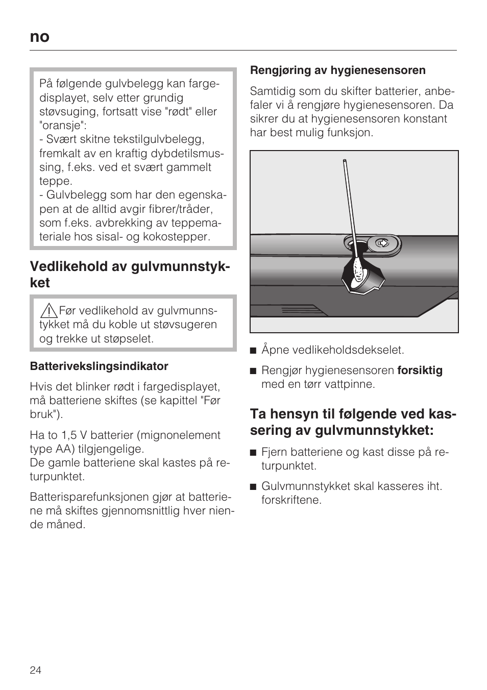 Vedlikehold av gulvmunnstyk- ket | Miele S8 Medicair User Manual | Page 24 / 36