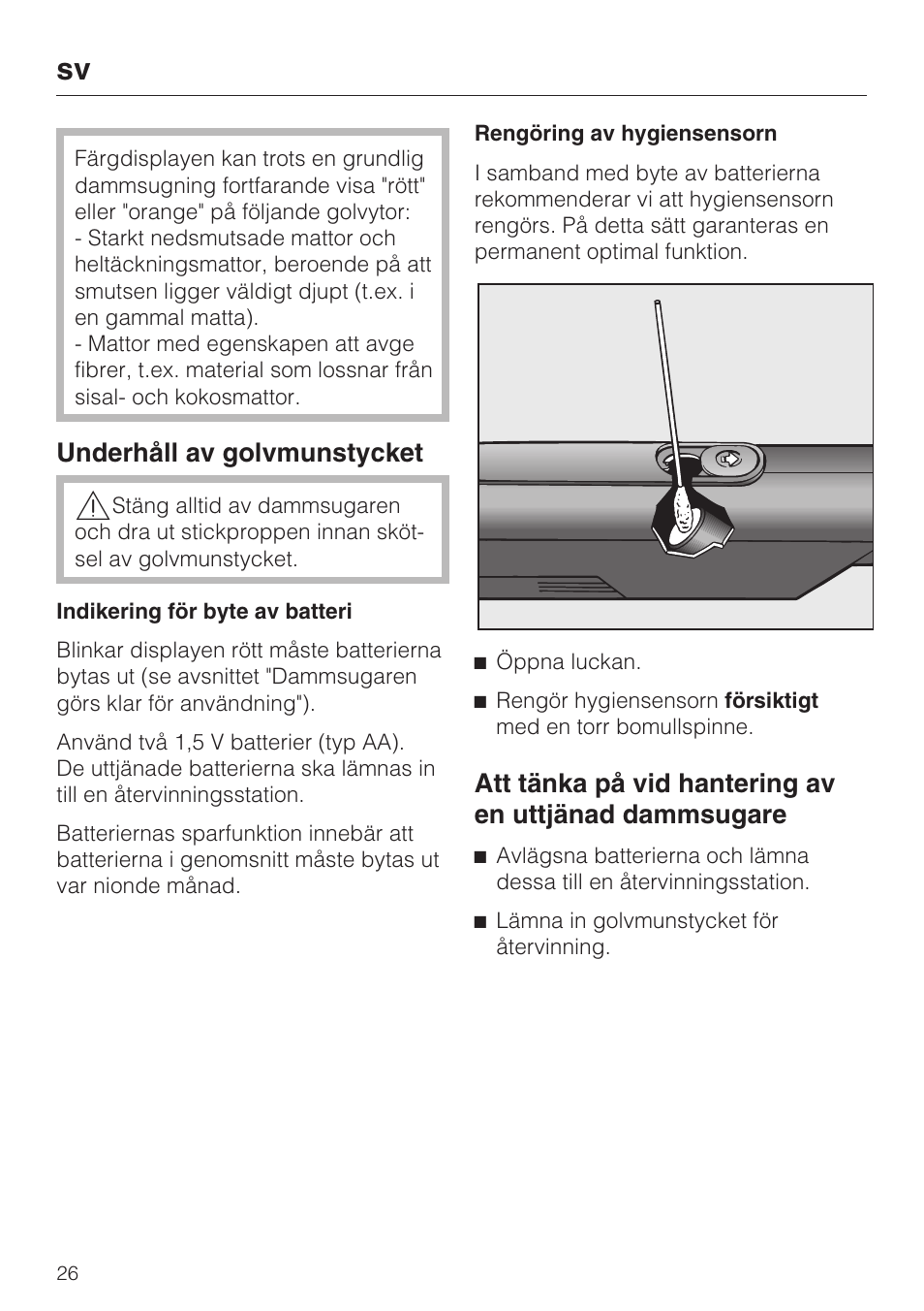 Underhåll av golvmunstycket | Miele S8 Medicair User Manual | Page 26 / 36