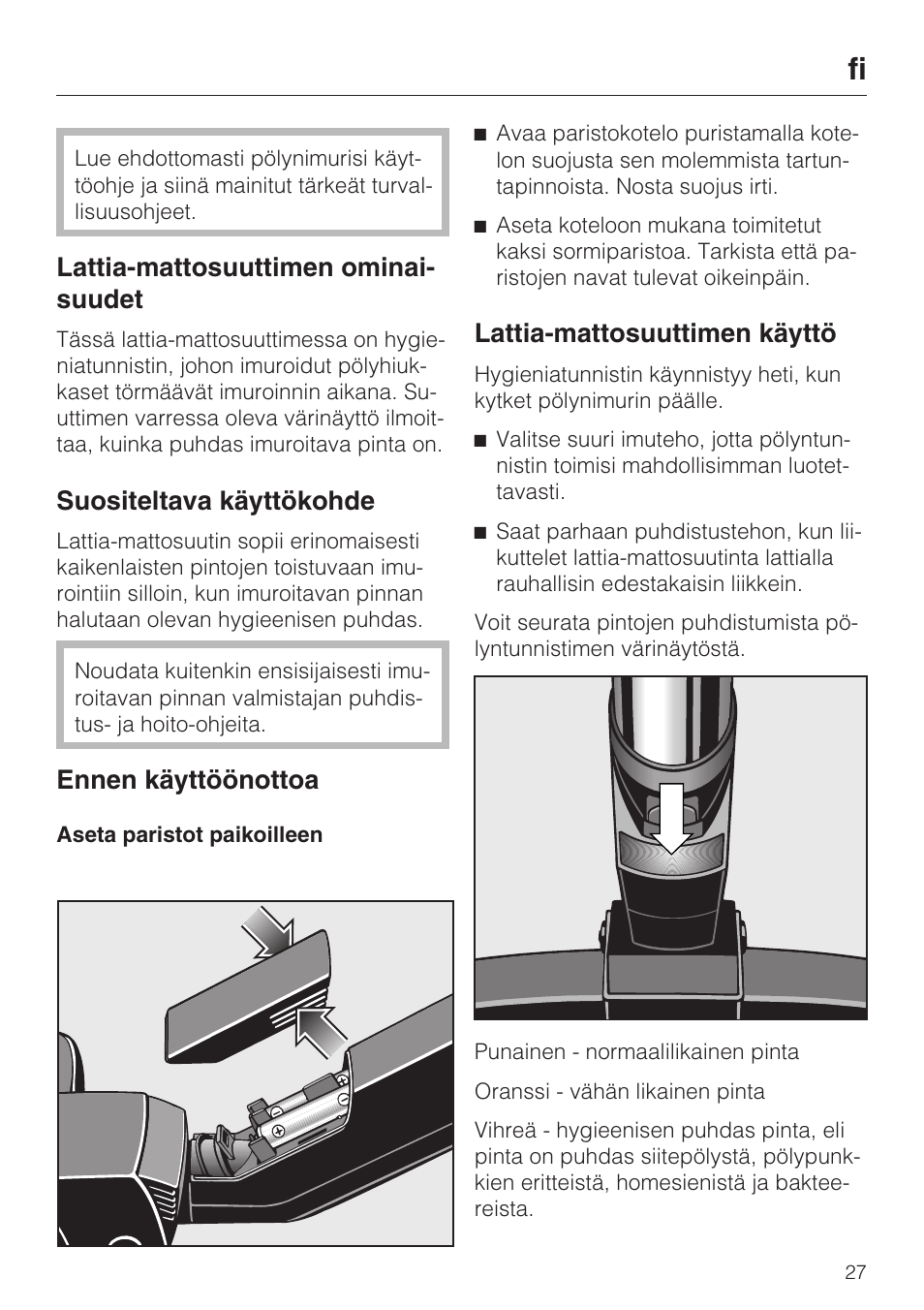 Lattia-mattosuuttimen ominai- suudet, Suositeltava käyttökohde, Ennen käyttöönottoa | Lattia-mattosuuttimen käyttö | Miele S8 Medicair User Manual | Page 27 / 36