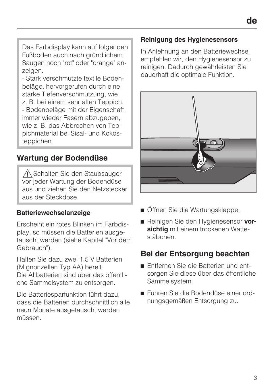 Wartung der bodendüse, Bei der entsorgung beachten | Miele S8 Medicair User Manual | Page 3 / 36