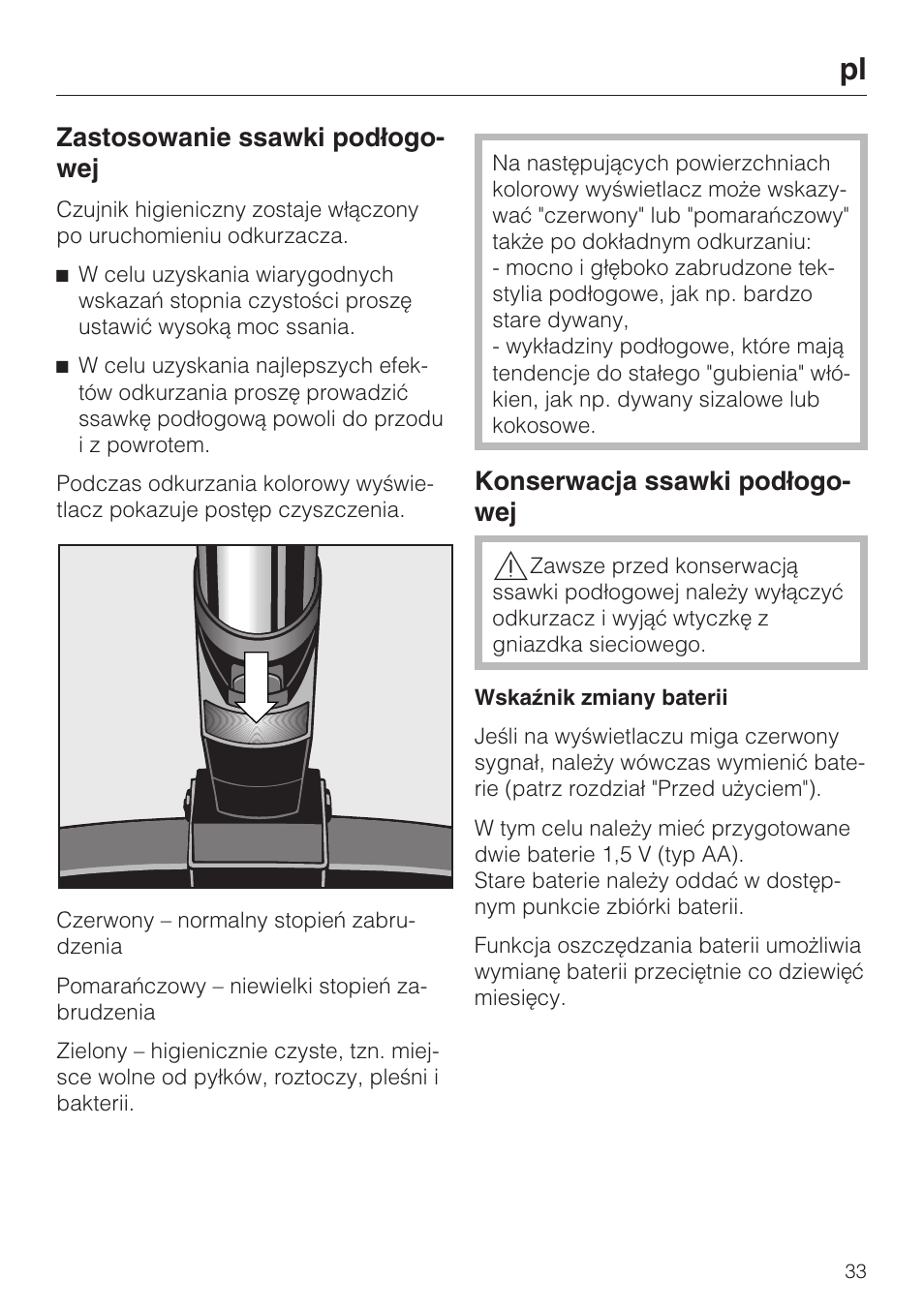 Zastosowanie ssawki pod³ogo- wej, Konserwacja ssawki pod³ogo- wej | Miele S8 Medicair User Manual | Page 33 / 36
