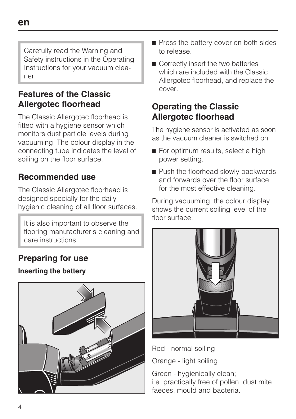 Features of the classic allergotec floorhead, Recommended use, Preparing for use | Operating the classic allergotec floorhead | Miele S8 Medicair User Manual | Page 4 / 36