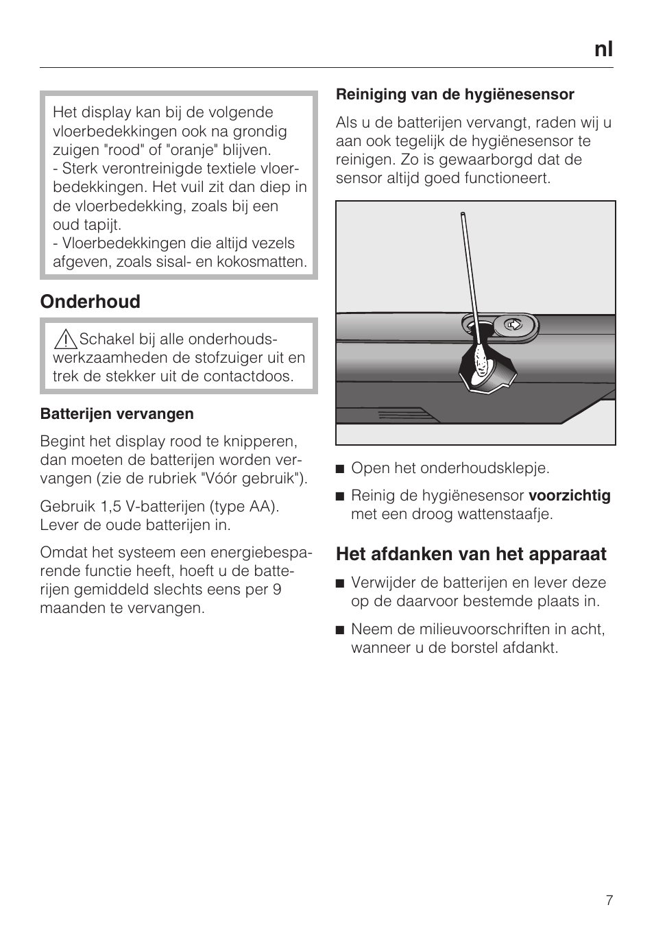 Onderhoud, Het afdanken van het apparaat | Miele S8 Medicair User Manual | Page 7 / 36