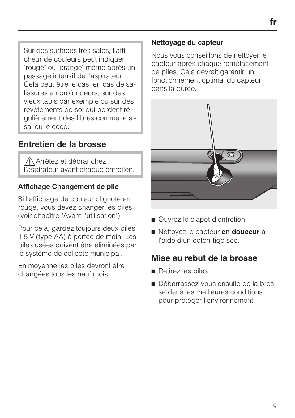 Entretien de la brosse, Mise au rebut de la brosse | Miele S8 Medicair User Manual | Page 9 / 36