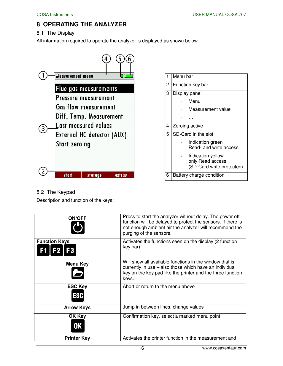 8 operating the analyzer | COSA Xentaur COSA 707 User Manual | Page 16 / 67