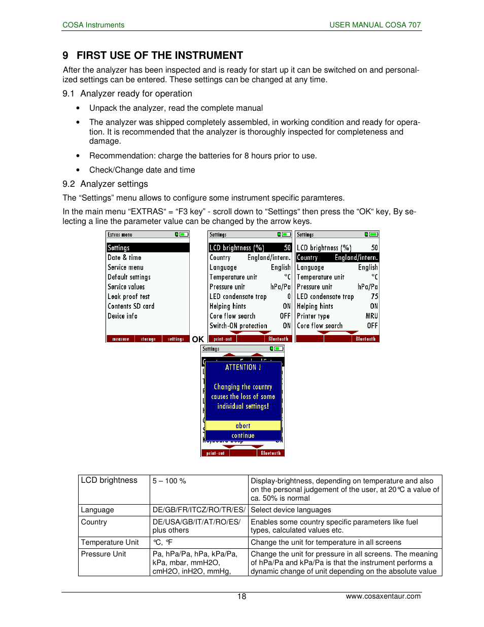 9 first use of the instrument | COSA Xentaur COSA 707 User Manual | Page 18 / 67