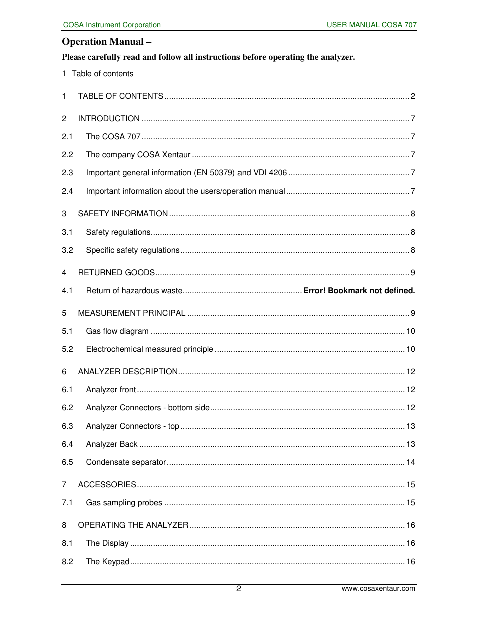 Operation manual | COSA Xentaur COSA 707 User Manual | Page 2 / 67