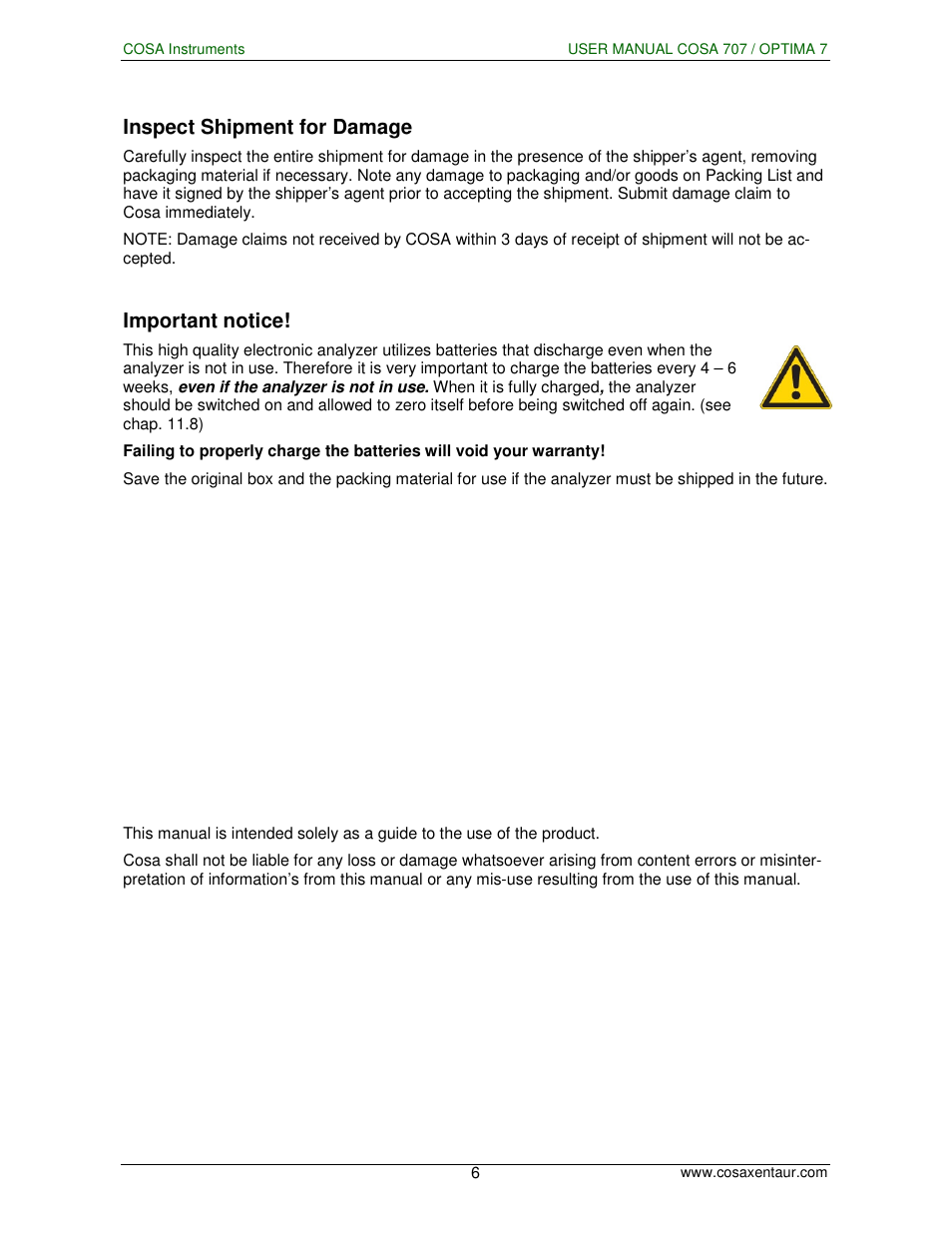 Inspect shipment for damage, Important notice | COSA Xentaur COSA 707 User Manual | Page 6 / 67