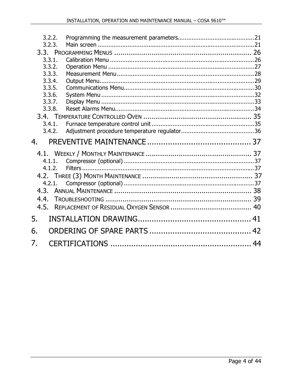 Preventive maintenance, Installation drawing, Ordering of spare parts | Certifications | COSA Xentaur COSA 9610 User Manual | Page 4 / 44