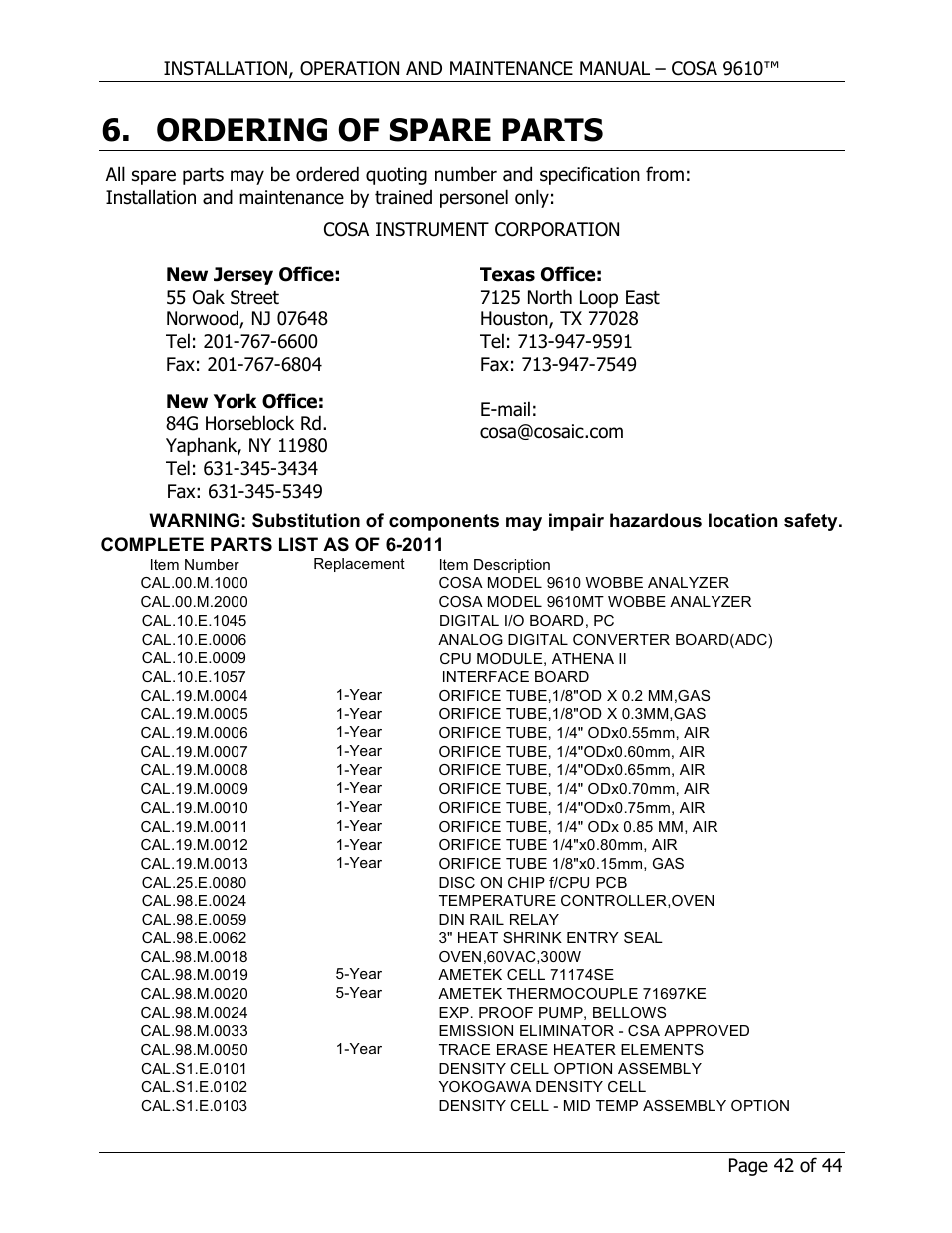 Ordering of spare parts | COSA Xentaur COSA 9610 User Manual | Page 42 / 44