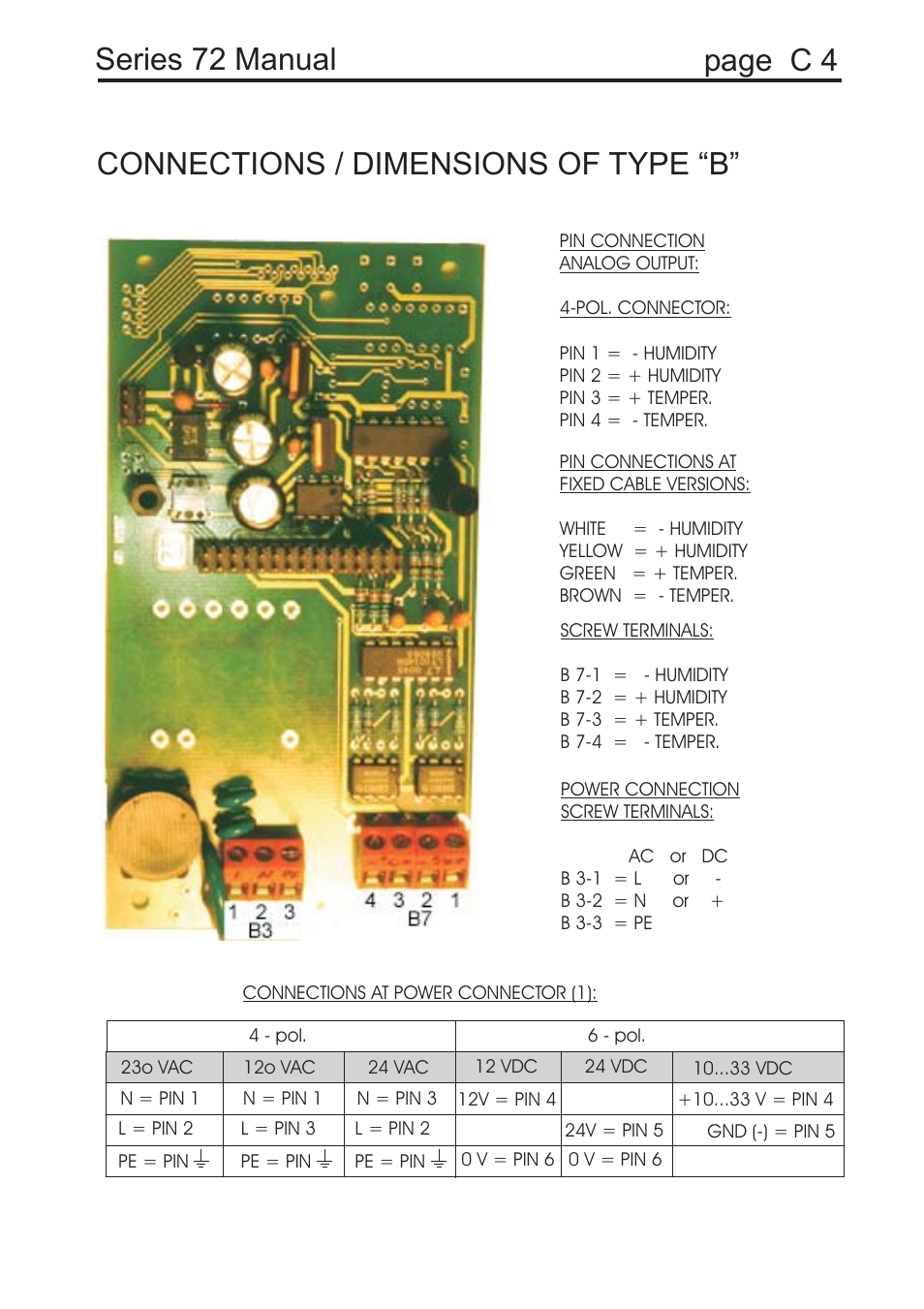 Page c 4 connections / dimensions of type “b, Series 72 manual | COSA Xentaur Hygrocontrol Type 72 User Manual | Page 38 / 41