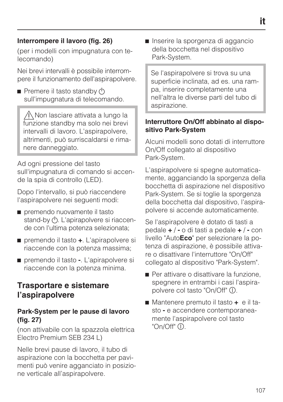 Trasportare e sistemare l’aspirapolvere | Miele S 5381 EcoLine User Manual | Page 107 / 128