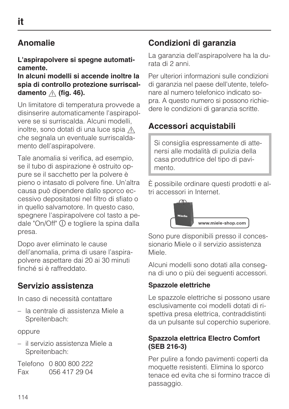 Anomalie, Servizio assistenza, Condizioni di garanzia | Accessori acquistabili | Miele S 5381 EcoLine User Manual | Page 114 / 128
