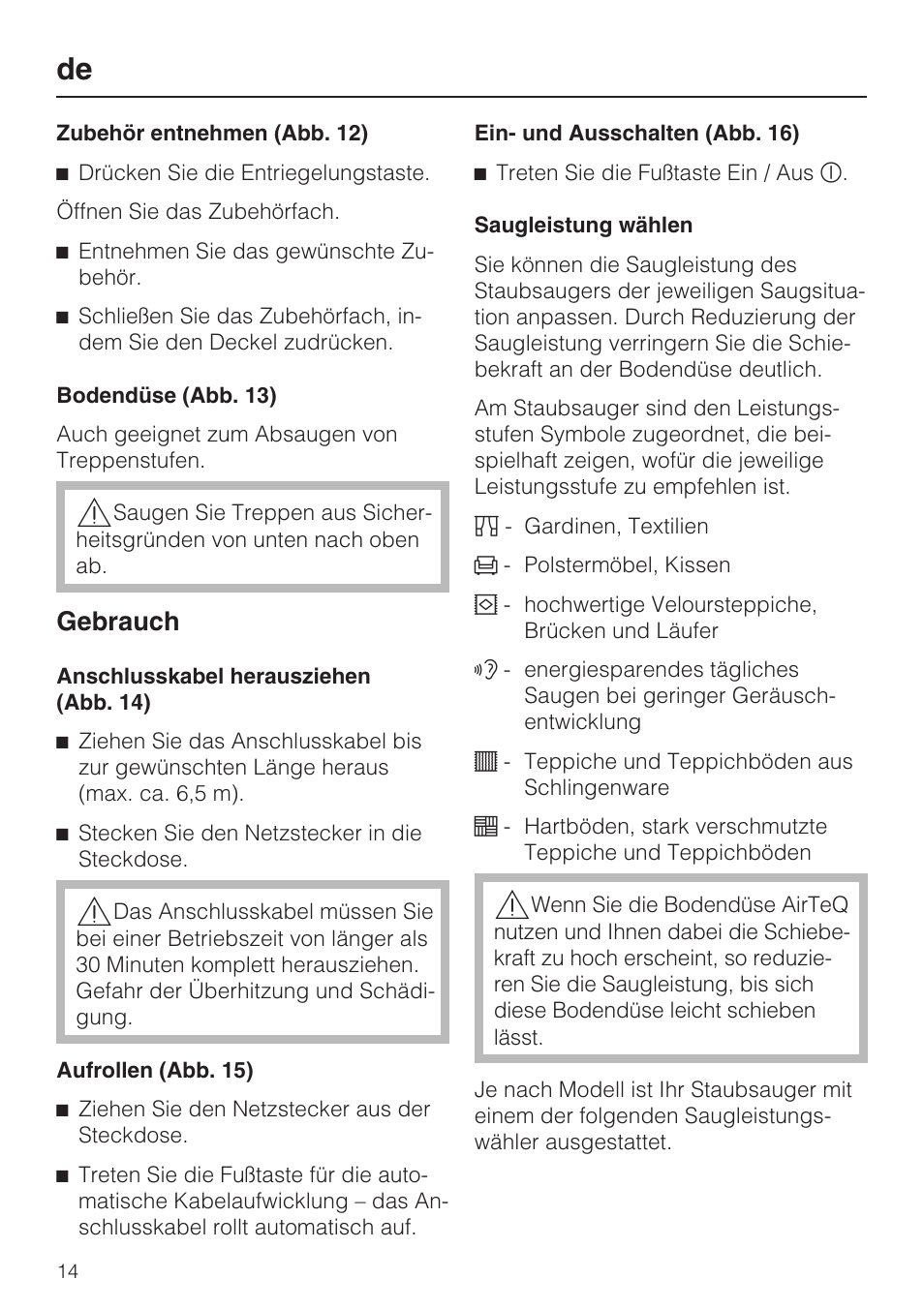 Gebrauch | Miele S 5381 EcoLine User Manual | Page 14 / 128