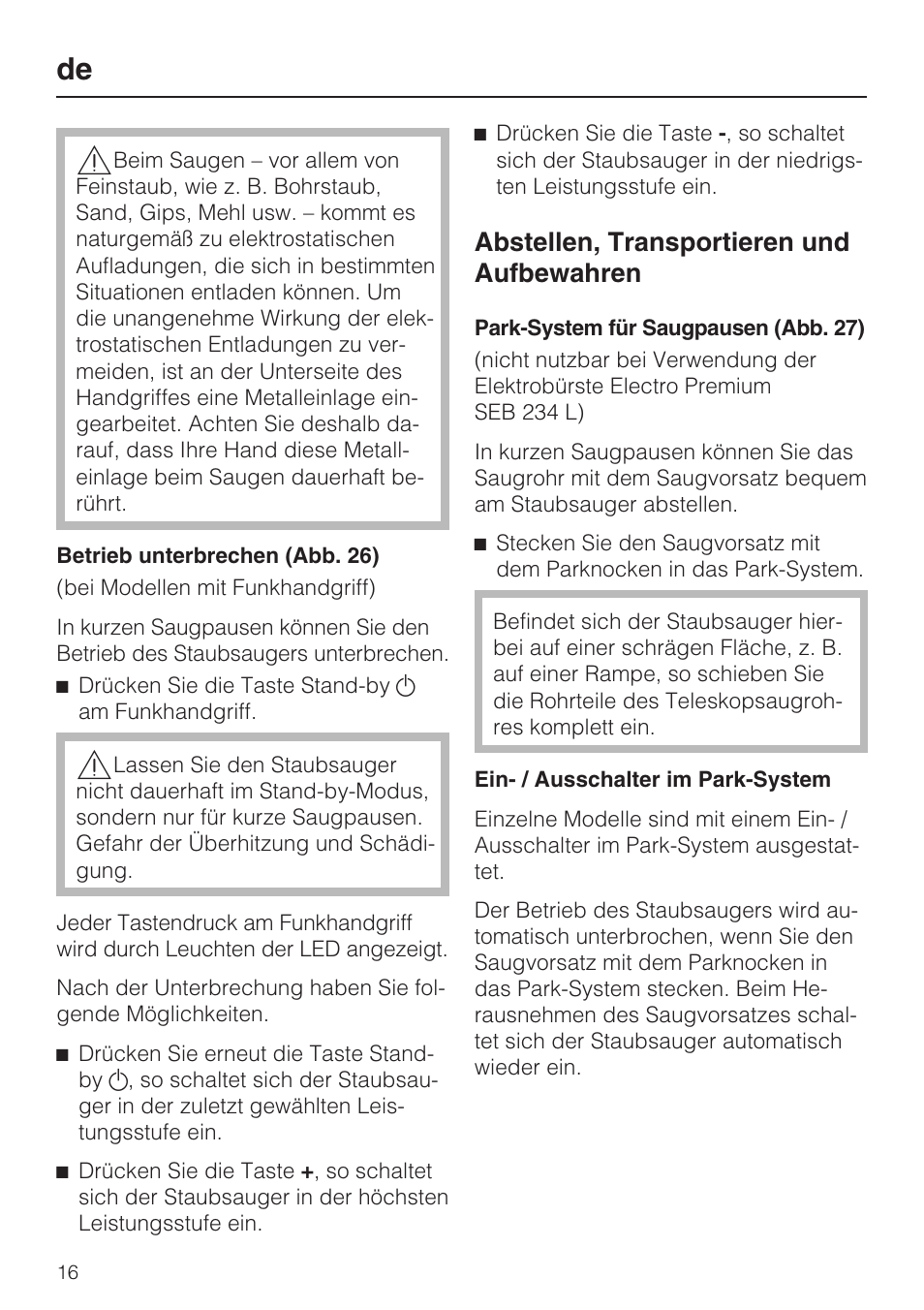 Abstellen, transportieren und aufbewahren | Miele S 5381 EcoLine User Manual | Page 16 / 128