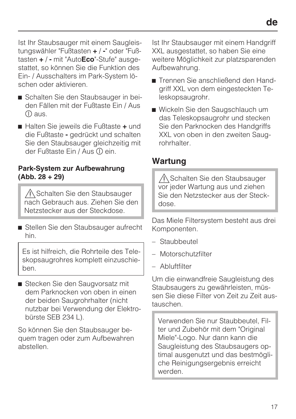 Wartung | Miele S 5381 EcoLine User Manual | Page 17 / 128
