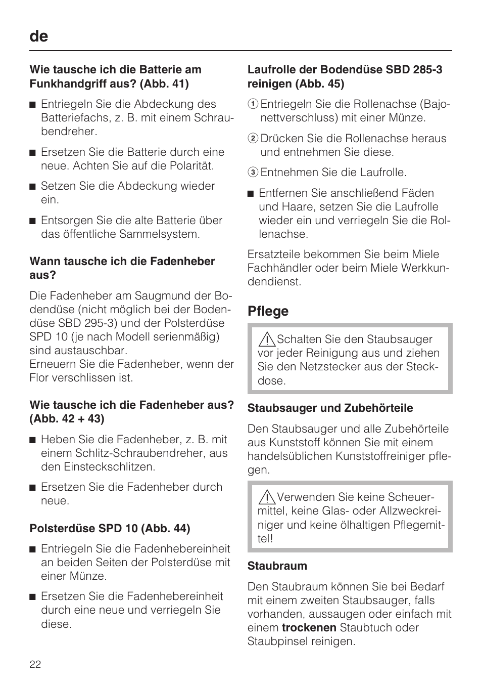Pflege | Miele S 5381 EcoLine User Manual | Page 22 / 128