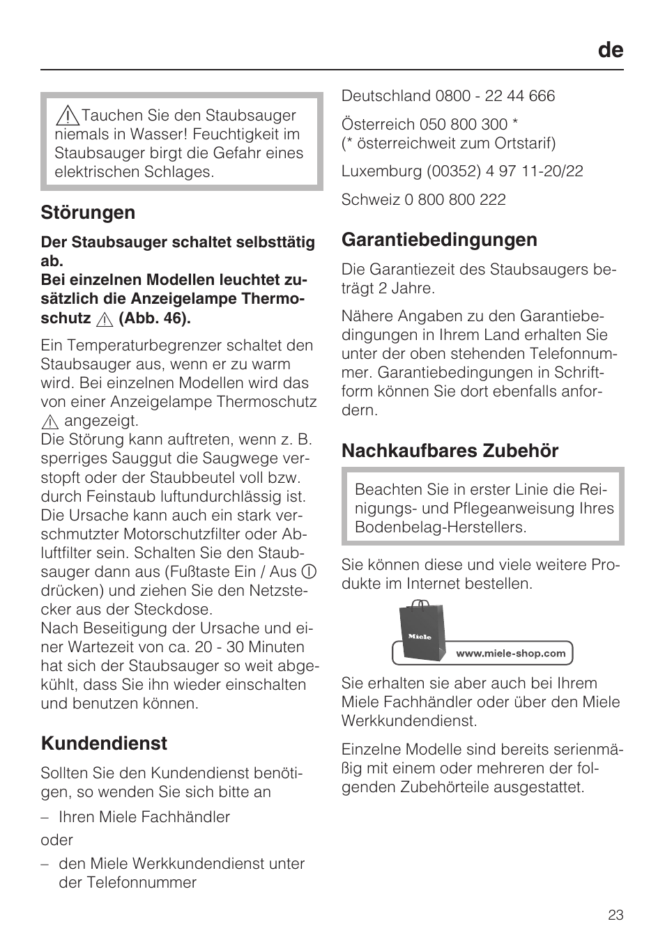 Störungen, Kundendienst, Garantiebedingungen | Nachkaufbares zubehör | Miele S 5381 EcoLine User Manual | Page 23 / 128