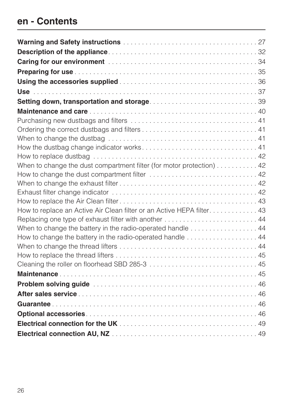 En - contents | Miele S 5381 EcoLine User Manual | Page 26 / 128