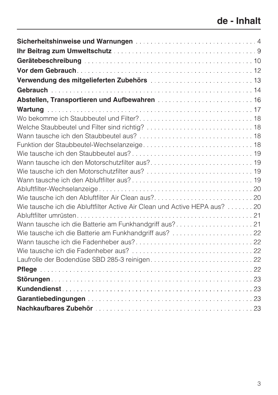 De - inhalt | Miele S 5381 EcoLine User Manual | Page 3 / 128