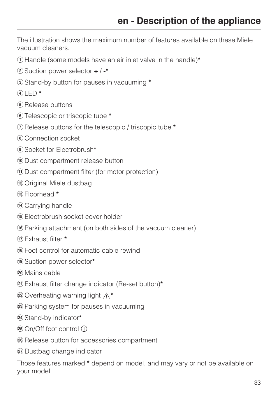 En - description of the appliance | Miele S 5381 EcoLine User Manual | Page 33 / 128