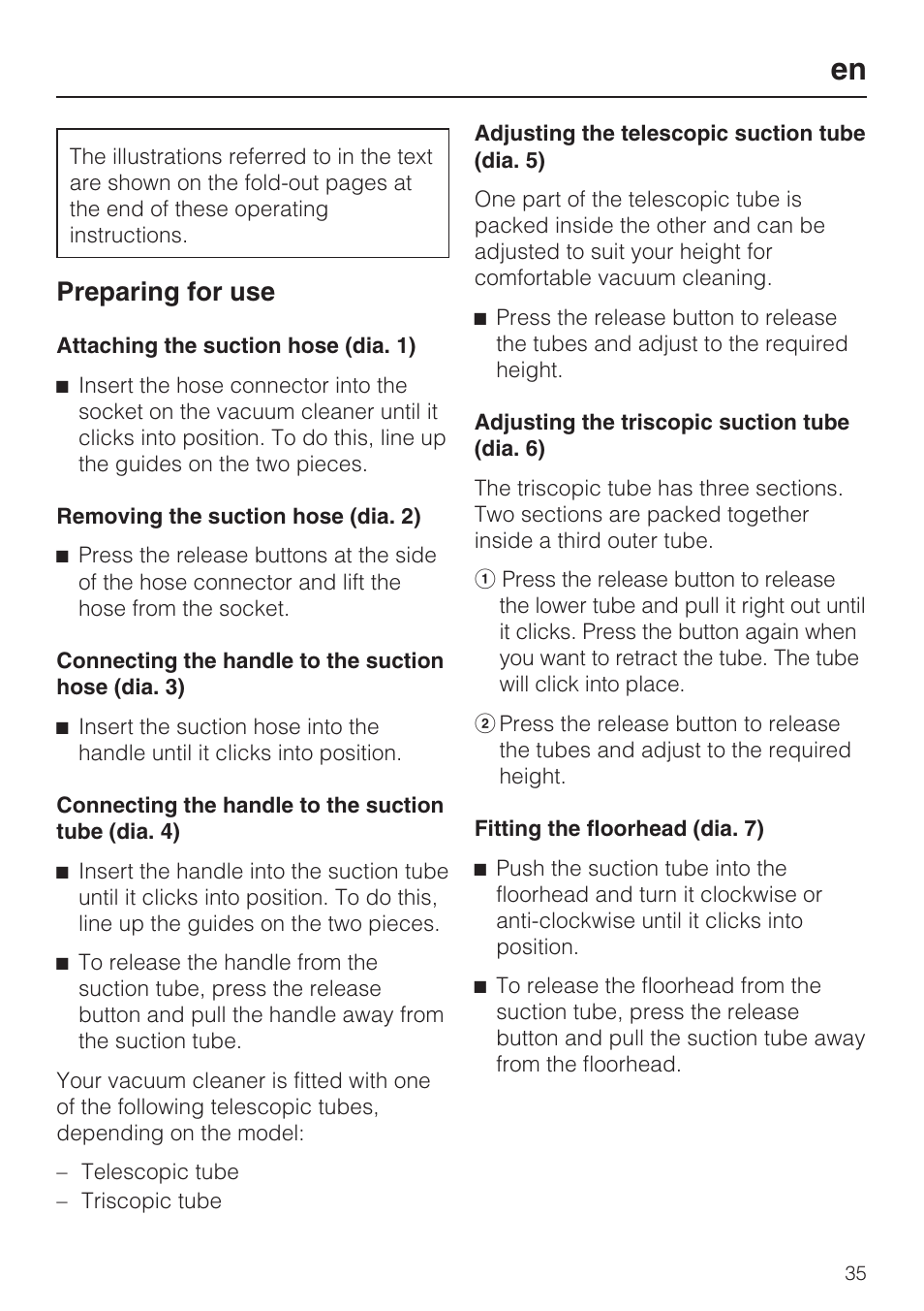 Preparing for use | Miele S 5381 EcoLine User Manual | Page 35 / 128