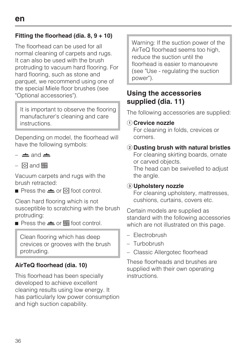 Using the accessories supplied (dia. 11) | Miele S 5381 EcoLine User Manual | Page 36 / 128