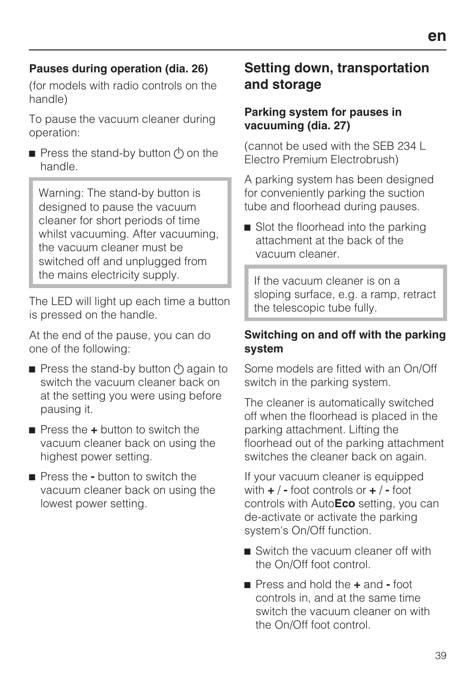 Setting down, transportation and storage | Miele S 5381 EcoLine User Manual | Page 39 / 128