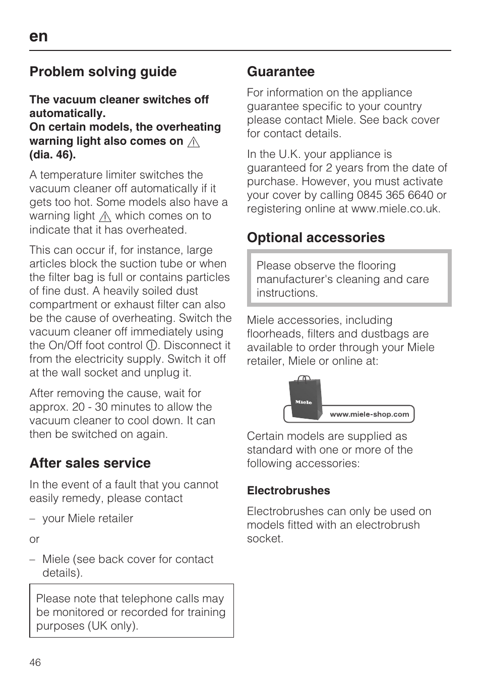 Problem solving guide, After sales service, Guarantee | Optional accessories | Miele S 5381 EcoLine User Manual | Page 46 / 128