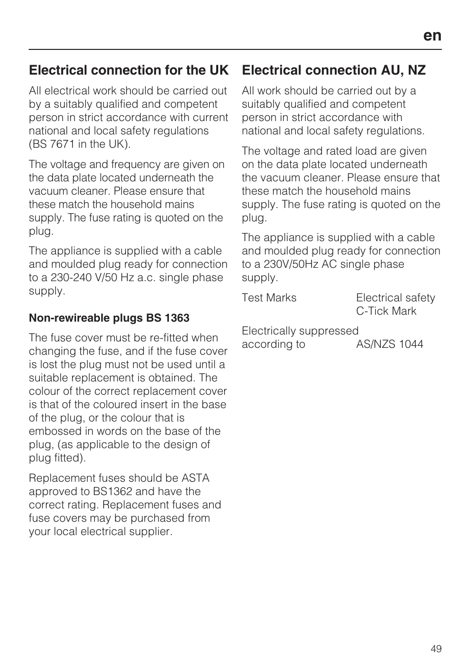 Electrical connection for the uk, Electrical connection au, nz | Miele S 5381 EcoLine User Manual | Page 49 / 128