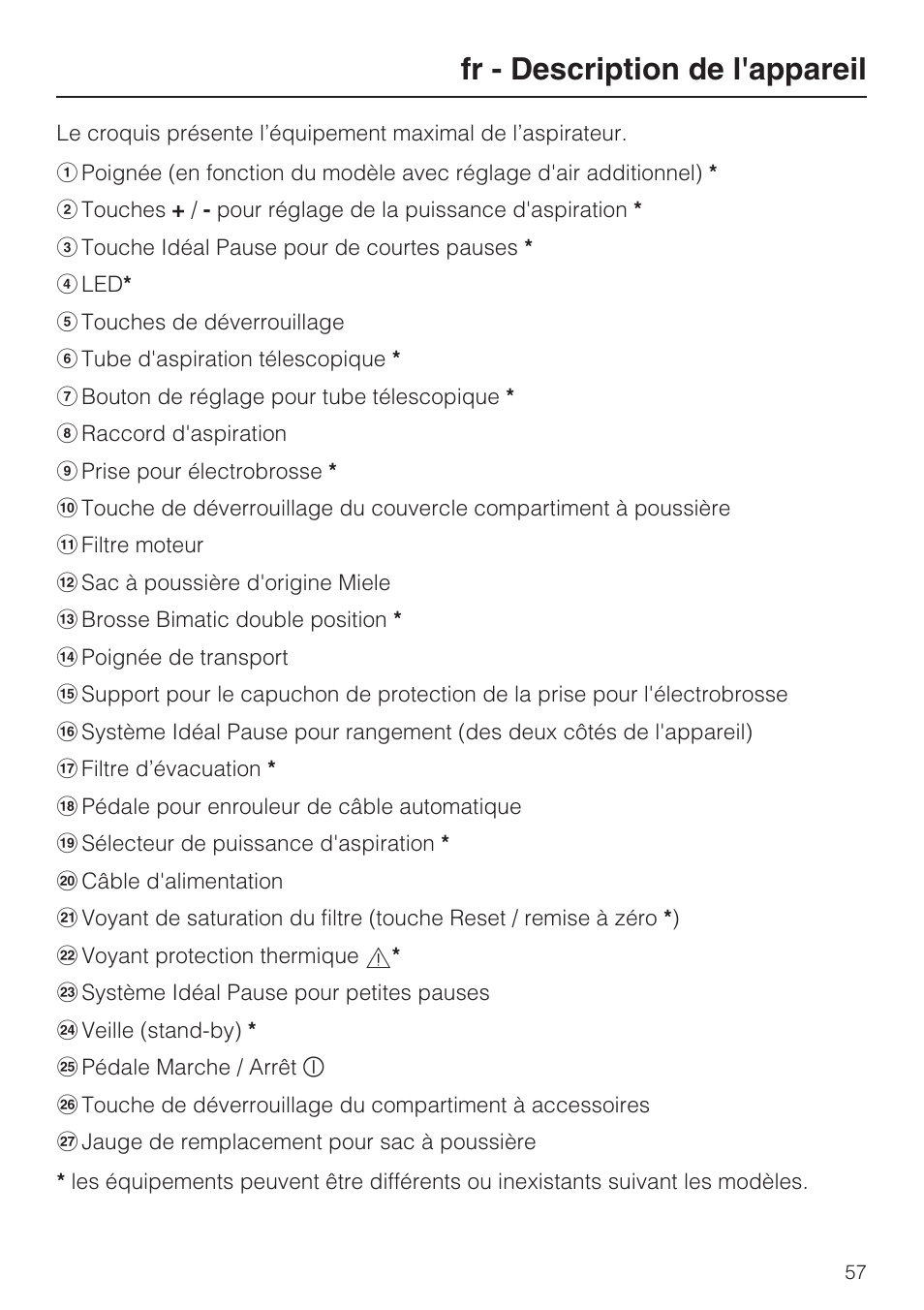 Fr - description de l'appareil | Miele S 5381 EcoLine User Manual | Page 57 / 128