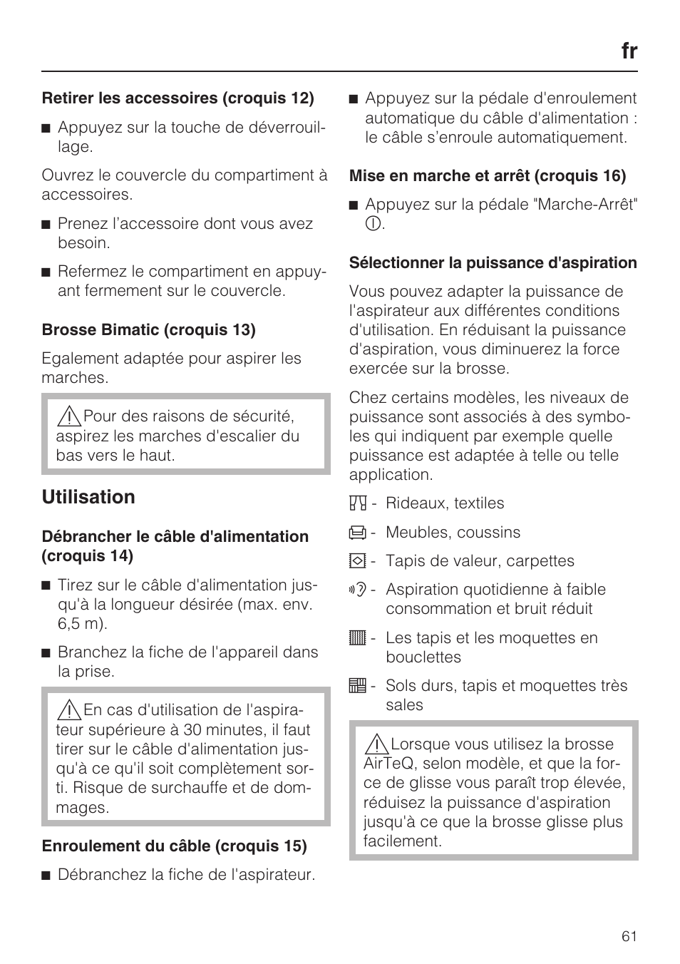 Utilisation | Miele S 5381 EcoLine User Manual | Page 61 / 128