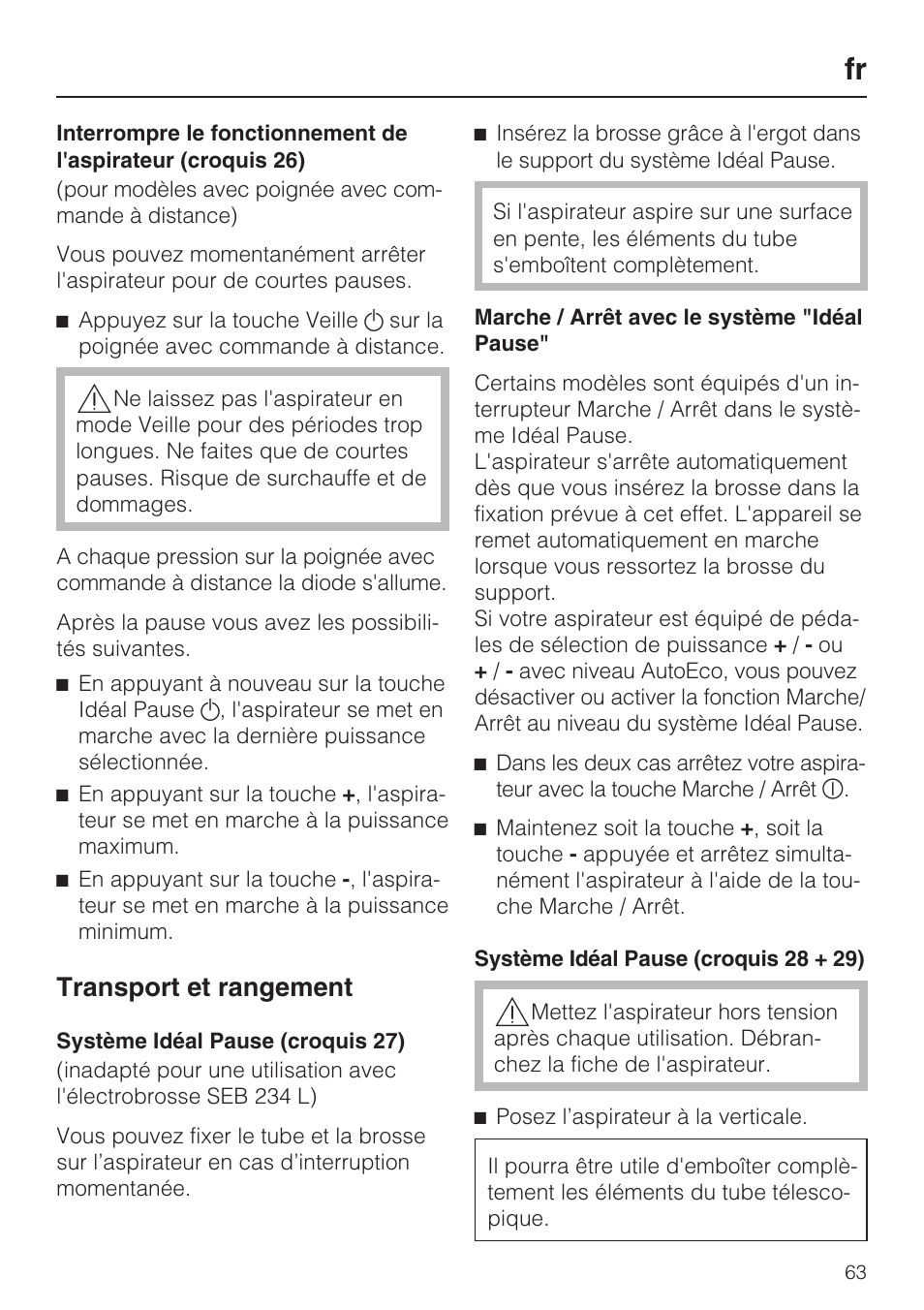 Transport et rangement | Miele S 5381 EcoLine User Manual | Page 63 / 128