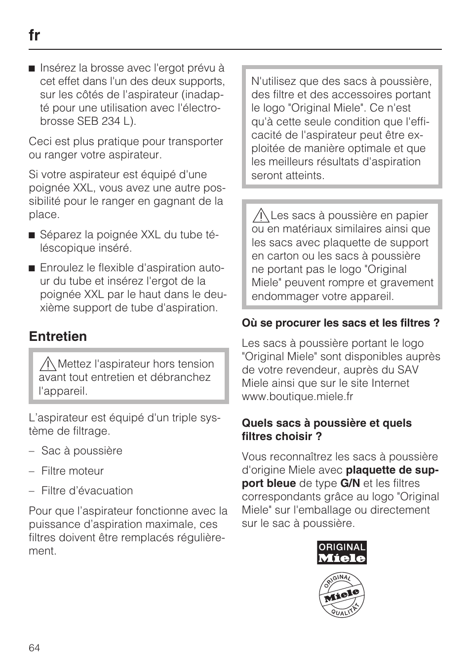 Entretien | Miele S 5381 EcoLine User Manual | Page 64 / 128