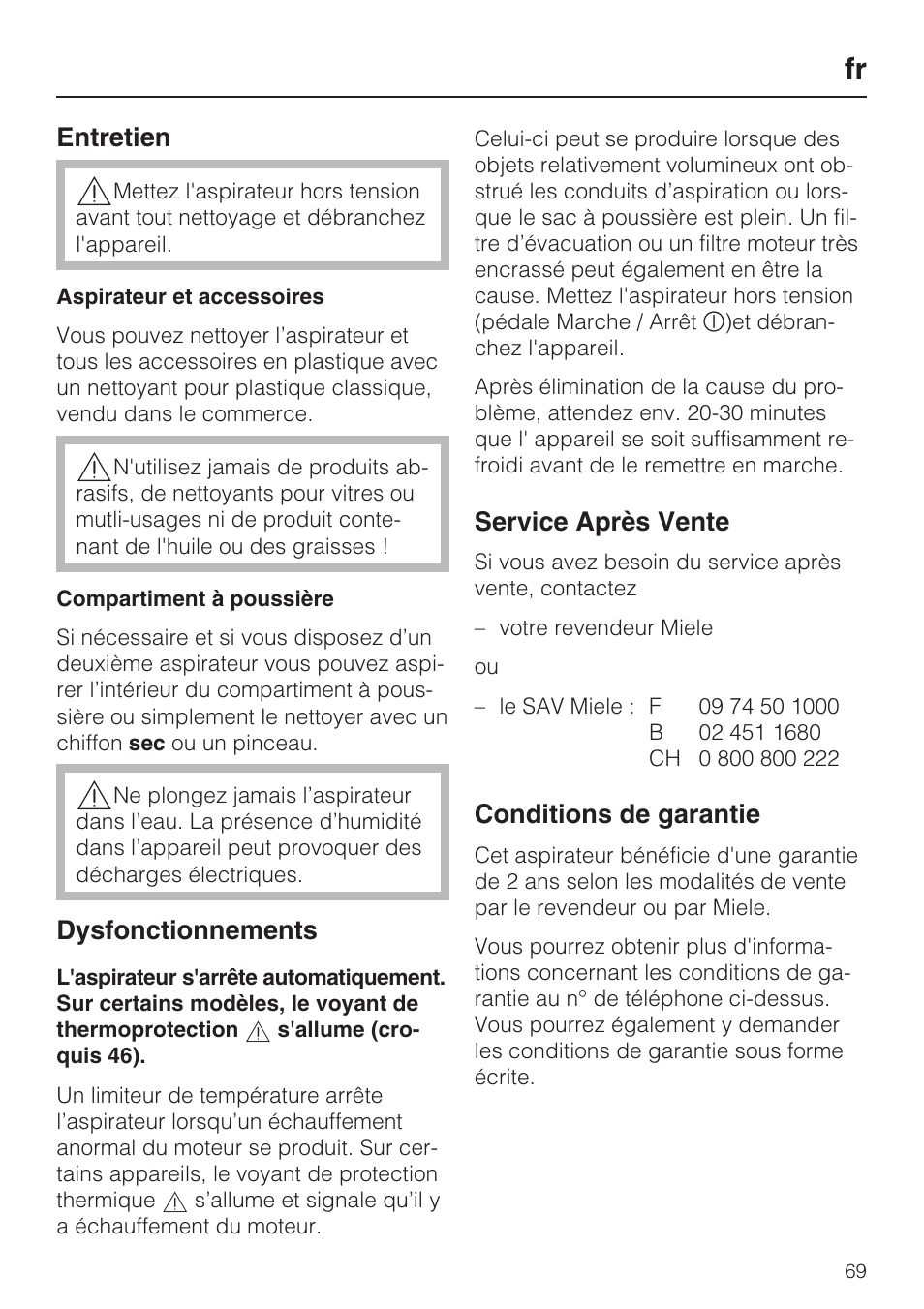Entretien, Dysfonctionnements, Service après vente | Conditions de garantie | Miele S 5381 EcoLine User Manual | Page 69 / 128