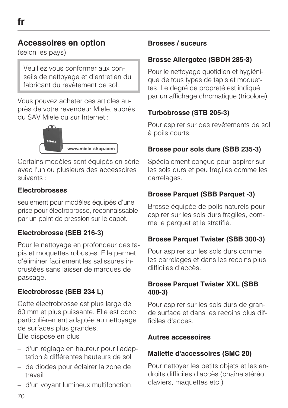 Accessoires en option | Miele S 5381 EcoLine User Manual | Page 70 / 128