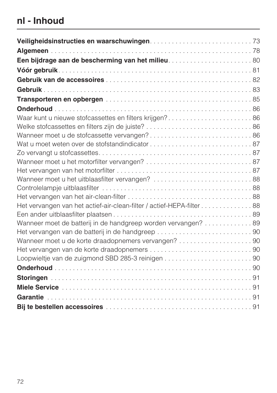 Nl - inhoud | Miele S 5381 EcoLine User Manual | Page 72 / 128