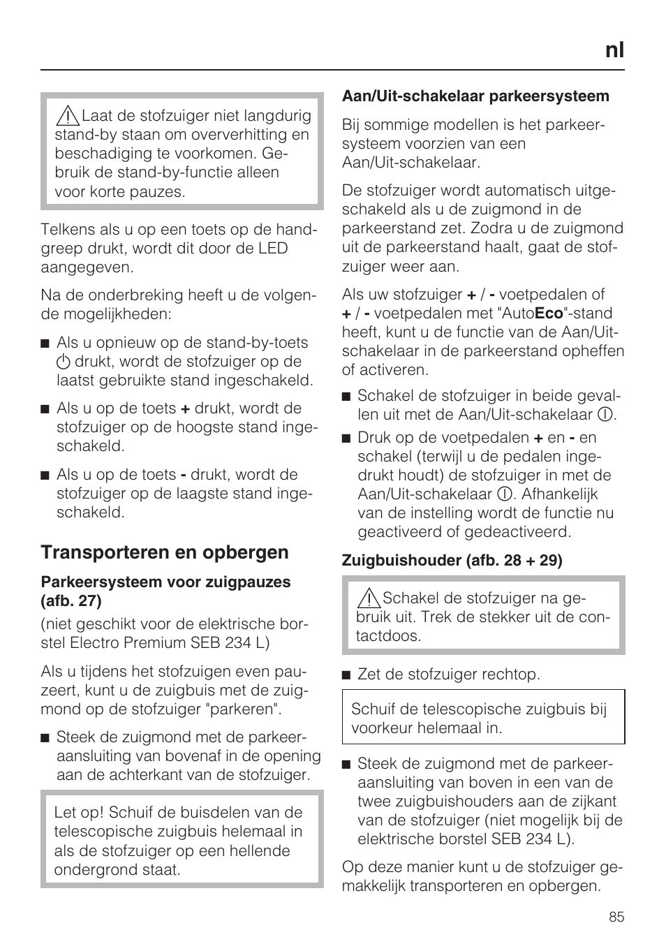 Transporteren en opbergen | Miele S 5381 EcoLine User Manual | Page 85 / 128